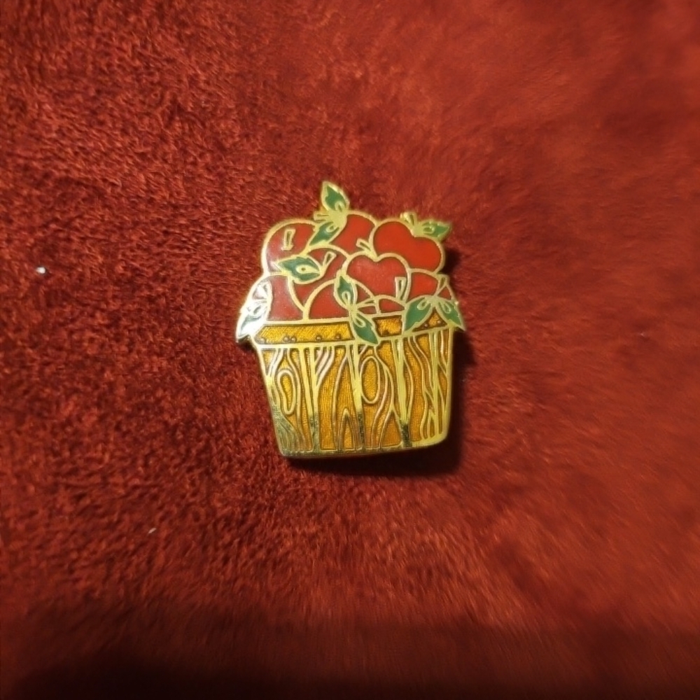Vintage Basket of Red Apples Gold Tone Enamel Brooch Pin By Hallmark Cards 1"